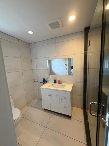 a bathroom with a sink and a toilet and a mirror at Van Guesthouse in Vancouver