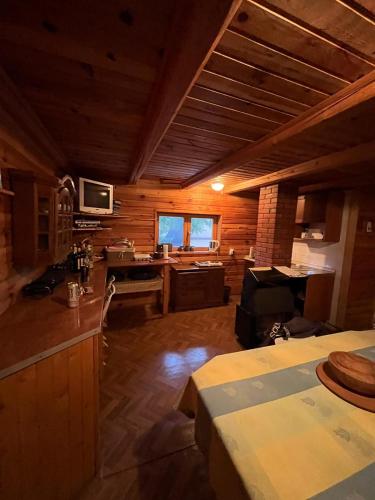 a kitchen and living room with wooden walls and ceilings at Vikendica Lovinovic Vlasic in Šišava
