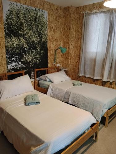 zwei Betten in einem Zimmer mit Fenster in der Unterkunft PODERE Sant'Anna B&B -Bambù room in Atri