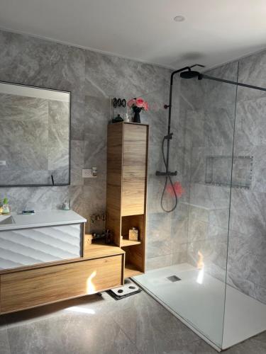 a bathroom with a shower and a sink and a tub at Maison de vacances à Bordeaux in Le Haillan