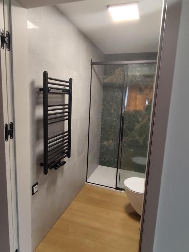 a bathroom with a shower and a toilet at Domki u Ewy in Spychowo