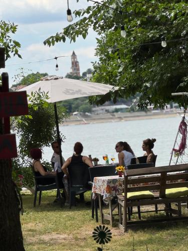 a group of people sitting at a table by the water at Cross Over Zemun in Belgrade