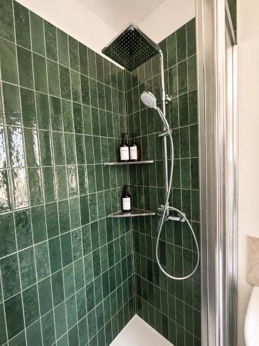 a green tiled shower with a shower head in a bathroom at Au coeur de Vernon - Appartement 4 pers - à 10min Giverny in Vernon