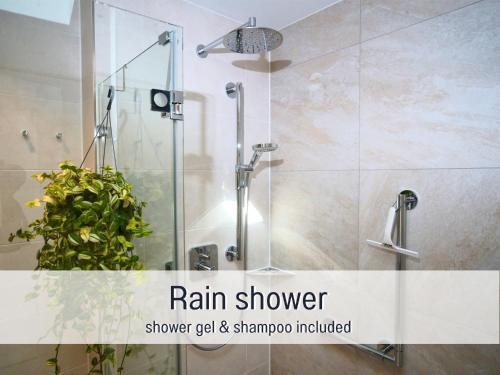 a shower stall with a shower gel and shampoo included at Baham-Apartment Nuernberg - including hot tub, sauna, massage chair, roof terrace, barbecue - metro 15 min, exhibition center 8 min walk in Nuremberg
