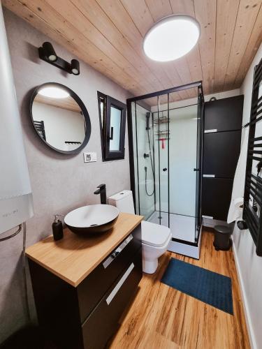 a bathroom with a sink and a toilet and a mirror at Sasinko Mini in Sasino