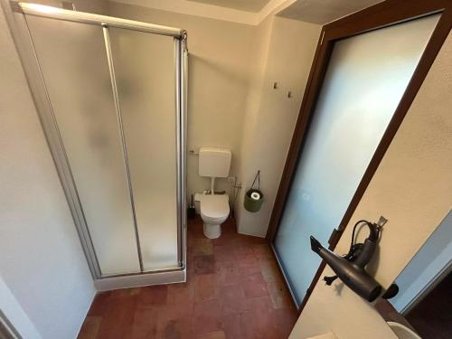 a bathroom with a toilet and a glass shower stall at Residenze del Borgo in Zavattarello