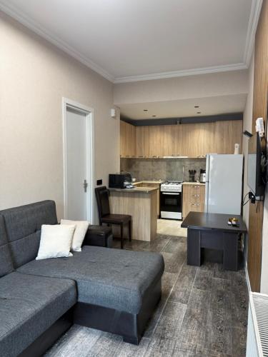 a living room with a couch and a kitchen at Didveli Mountain Apartment in Bakuriani