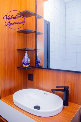 a bathroom with a white sink and a mirror at Valentinos Appartement Prestige in Agbodrafo