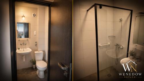 a bathroom with a shower and a toilet and a sink at 205 Wenedow Noclegi in Koszalin