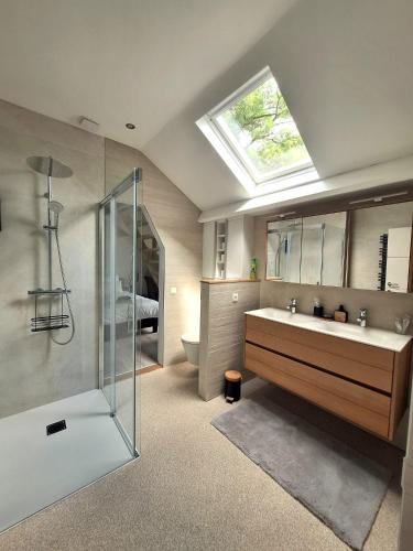 a bathroom with a shower and a sink and a skylight at Lakeview in Keerbergen