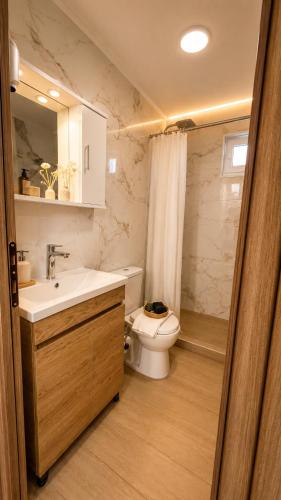 ein Badezimmer mit Waschbecken, Toilette und Dusche in der Unterkunft Salvatore in Sykia