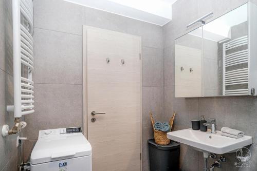 a bathroom with a sink and a toilet and a mirror at B-Two10 in Balatonlelle