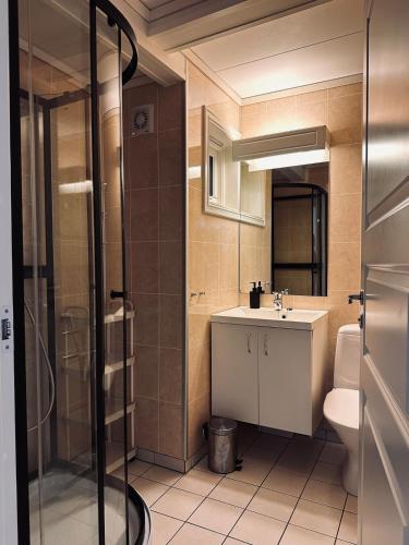 a bathroom with a shower and a sink and a toilet at Apartment in Måløy in Måløy