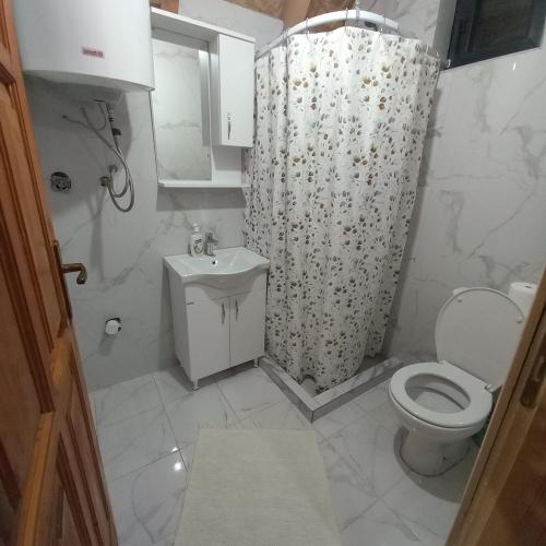 a bathroom with a toilet and a shower curtain at Hasan's Place Temnjaci in Plav