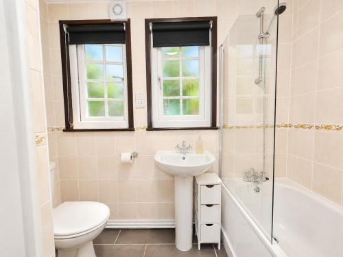a bathroom with a sink and a toilet and a shower at Cornwall Cosy Bungalow in Hayle