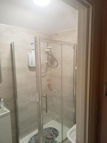 a shower with a glass door in a bathroom at Cozy stay in Dublin