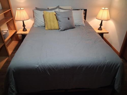 a large bed in a room with two lamps at Dubuque's Hidden Gem! in Dubuque