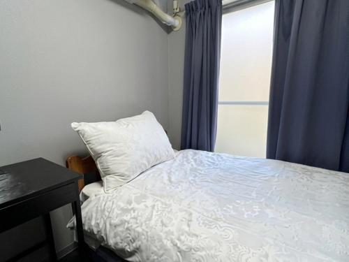 a bed with a pillow and a window in a room at ドリームビレッジエンシン in Kitakami
