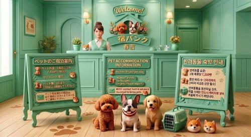 a group of dogs in a room with signs at yadobankharuyoshi201 in Fukuoka