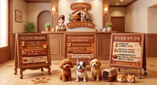 a group of dogs in a room with signs at yadobankkukomae19 in Fukuoka