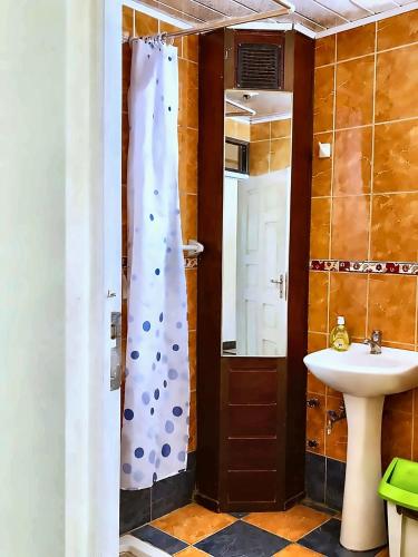 a bathroom with a shower and a sink at Hotel Beirut Oruro in Oruro
