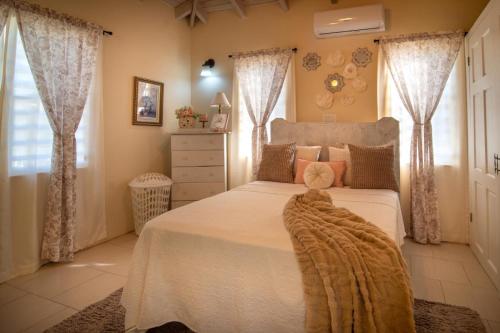 a bedroom with a white bed with a blanket on it at Carmich Place in Saint Johnʼs