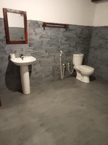 a bathroom with a toilet and a sink and a mirror at Ceylon Bay in Arugam Bay