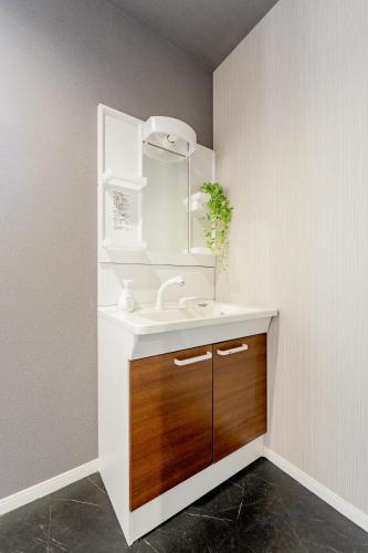 a bathroom with a sink and a mirror at OZ nikko in Nikko