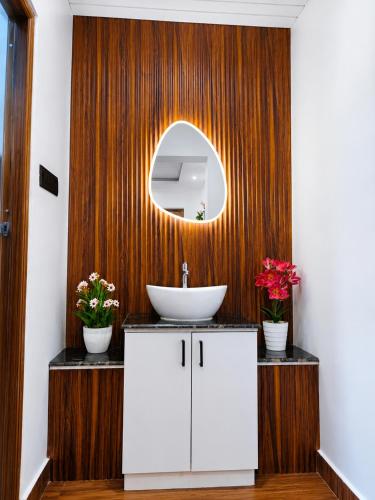 a bathroom with a sink and a mirror at Birdwing Cottage, Munnar in Munnar