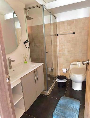 a bathroom with a shower and a toilet and a sink at Faro 4, Jaime Duque, Autódromo Tocancipá in Tocancipá