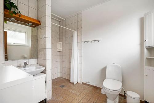 a bathroom with a white toilet and a sink at Sct Knudsborg - 12E - Apartment on the beach in Brenderup
