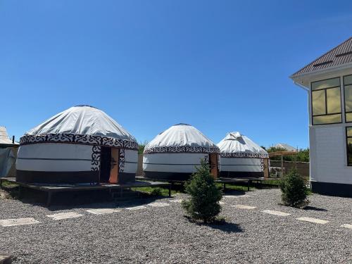 a group of three domes in a parking lot at Yurt house in Tong