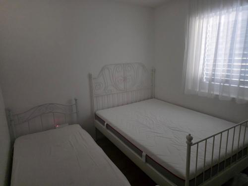 two twin beds in a room with a window at Domaine des Îles et Alaia in Sion
