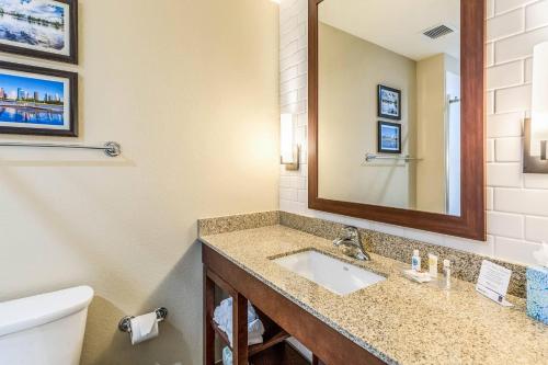 a bathroom with a sink and a toilet and a mirror at Comfort Suites Channelview - Houston East in Channelview