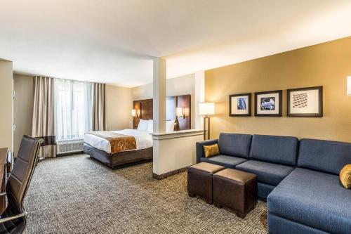 a hotel room with a bed and a couch at Comfort Suites Channelview - Houston East in Channelview