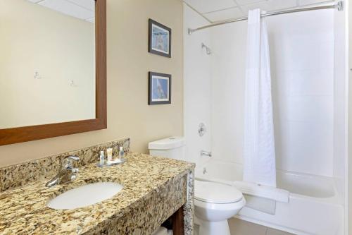 a bathroom with a sink and a toilet and a mirror at Comfort Inn & Suites Wichita Northeast in Wichita