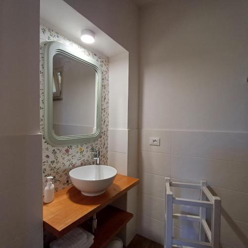 a bathroom with a sink and a mirror at B&B La RU in Montemagno