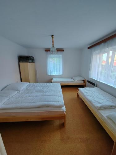 a bedroom with two beds and two windows at Chalupa Chotěboř in Chotěboř