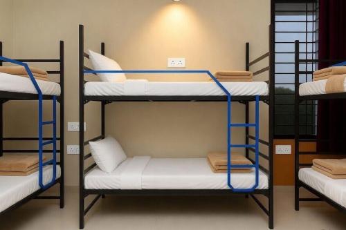 three bunk beds in a dorm room with blueadders at The Sparrow in Kanyakumari