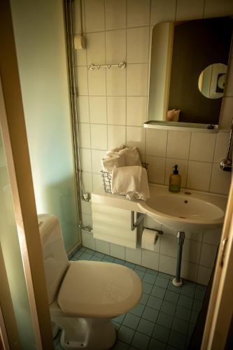 a bathroom with a sink and a toilet and a mirror at Sveitsin Maja in Hyvinkää