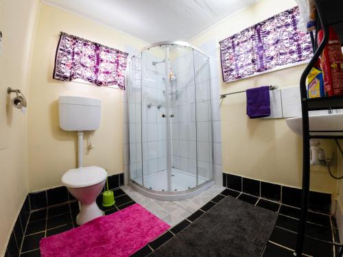 a bathroom with a shower and a toilet at Tanuli Heights in Honiara