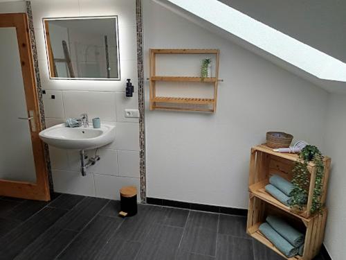 a bathroom with a sink and a mirror and a sink at Lodge Ehrenberg in Ehenbichl