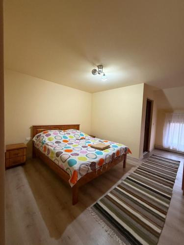 a bedroom with a bed in a room with a rug at Pensiunea Popan in Şieu