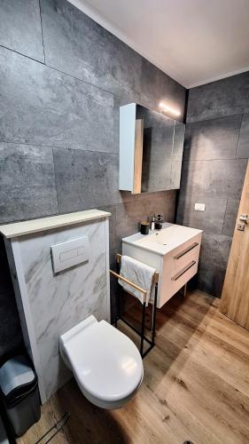 a bathroom with a white toilet and a sink at Sleep House in Labin