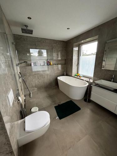 a bathroom with a tub and a toilet and a sink at Casa Stein am Rhein inkl Pool in Stein am Rhein