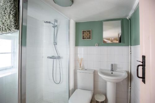 a bathroom with a shower and a toilet and a sink at Cozy Cotswold Burford Cottage in Burford