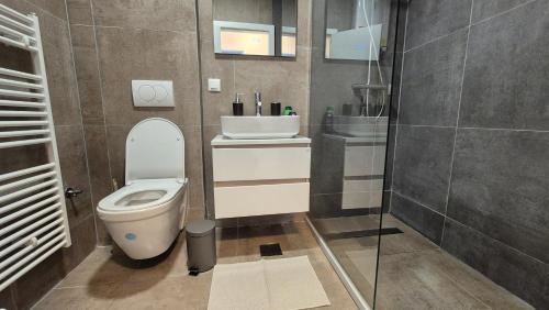 a bathroom with a toilet and a sink at MyPlace apartmani 8 in Tuzla