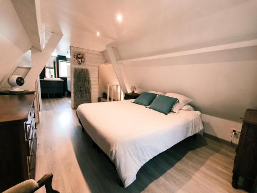 a bedroom with a large white bed with blue pillows at La Maraiquaise in Marais-Vernier