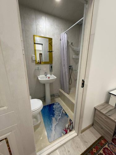 a bathroom with a shower and a toilet and a sink at KAMIR Guest House in Bukhara