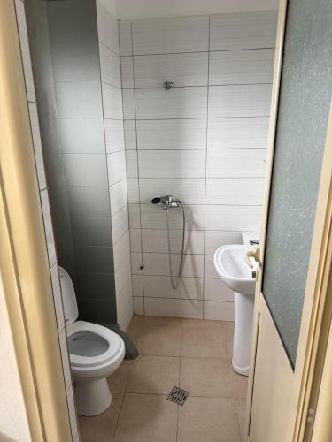 a bathroom with a toilet and a sink at Vila 3 palmat in Ksamil